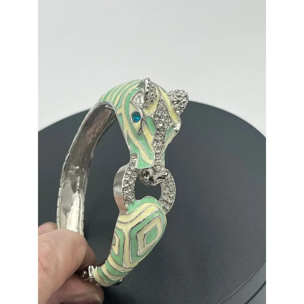Mint and Cream Zebra with‎ Stripes Hinged Rhinestone Blue Eyes Bangle Bracelet